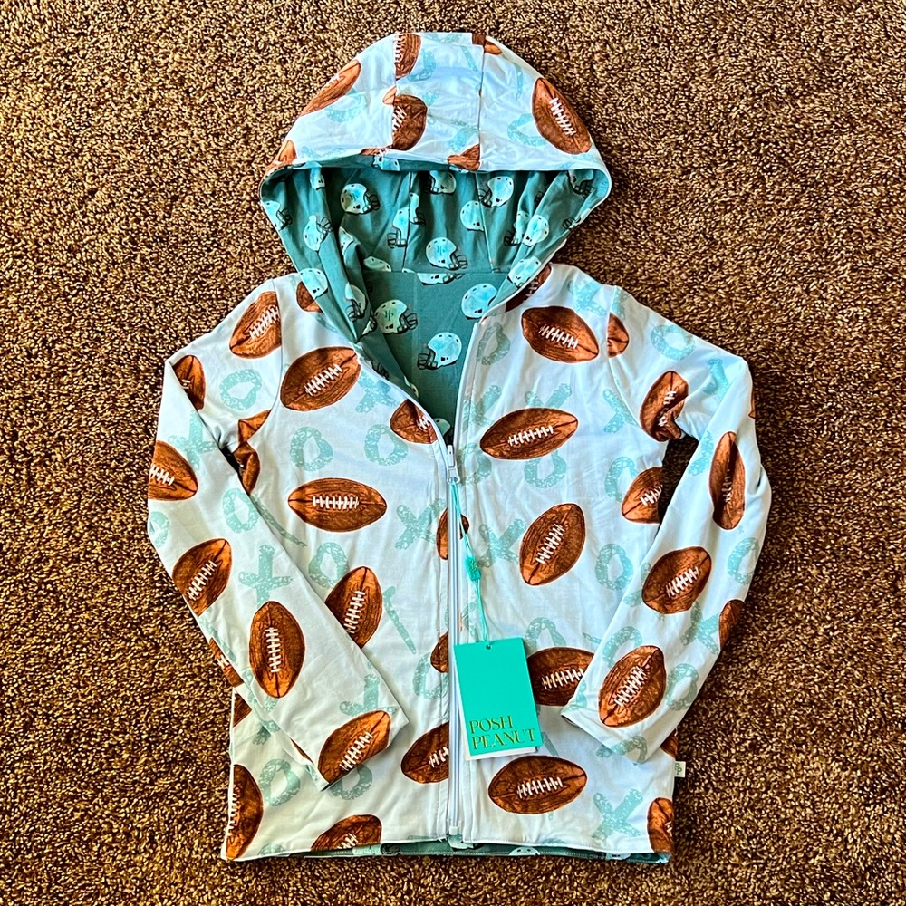 NWT Posh Peanut light/pastel blue Football 🏈 Reversible Hoodie 4T
